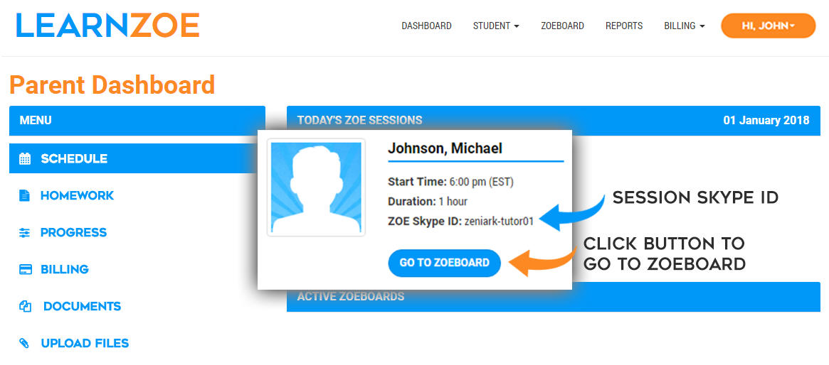 Screenshot of Learn Zoe parent account dashboard